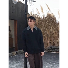 重磅北极绒假两件衬衫领毛衣美式高街复古休闲慵懒纯色翻领针织衫，男装针织衫/毛衣，电商A486