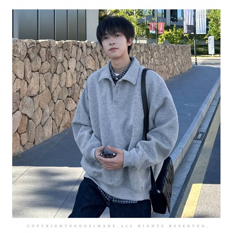 【004】秋季日系简约POLO衫卫衣宽松翻领长袖上衣A079-WY57-P35,男装Polo衫,电商A079