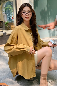 秋季长袖衬衫上衣女设计感小众新款宽松翻领黄色ins韩系纯色衬衣图片