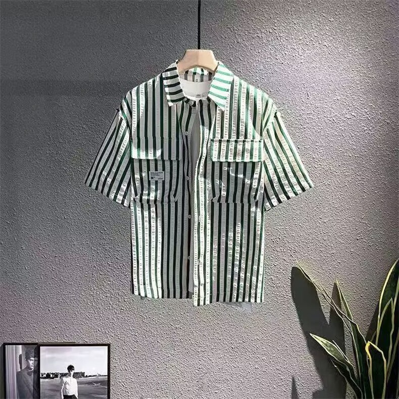 青少年条纹翻领短袖衬衫男孩夏季工装薄款外套高中学生七分袖衬衣,男装T恤,星座506A