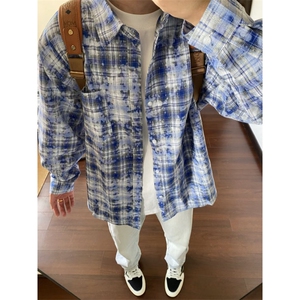 【有货】蓝色格子衬衫男长袖高级感痞帅美式衬衣外套C927HH-特P45图片