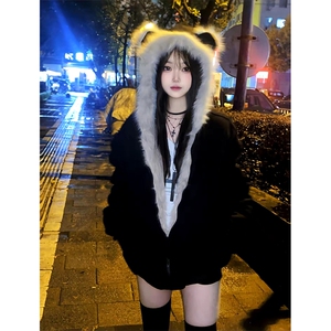 现货重磅硬挺boxy羽绒棉衣座山雕猫耳大毛毛领麂皮棉服冬外套,白色连帽短款卫衣搭配图片图片