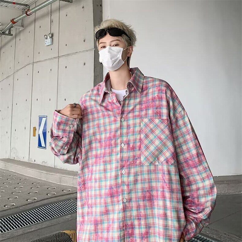 美式撞色炒色工艺格子长袖衬衫男女宽松休闲百搭衬衣CY972-P39,男装衬衫,星座412-3