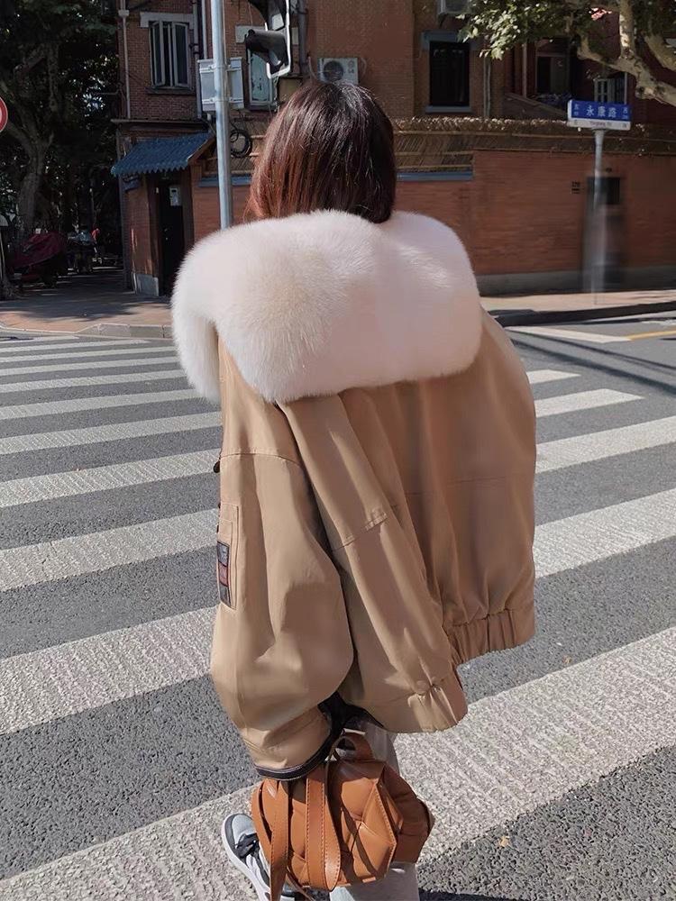2021冬季新款派克服女海军领短款可拆卸兔毛内胆狐狸毛领外套,女装其它,L·H·X