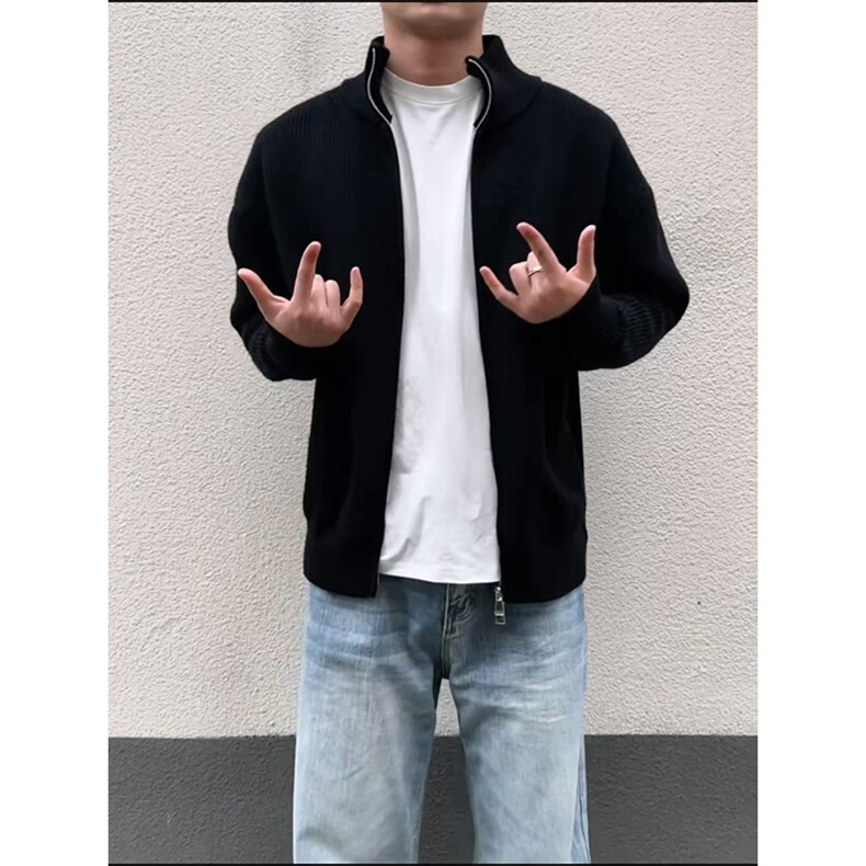 重磅秋冬北极绒双拉链毛衣开衫美式复古休闲慵懒风宽松针织衫外套,男装针织衫/毛衣,电商A486