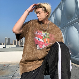 美式复古汽车印花男生短袖水洗做旧宽松T恤JK23273-p45-控58图片