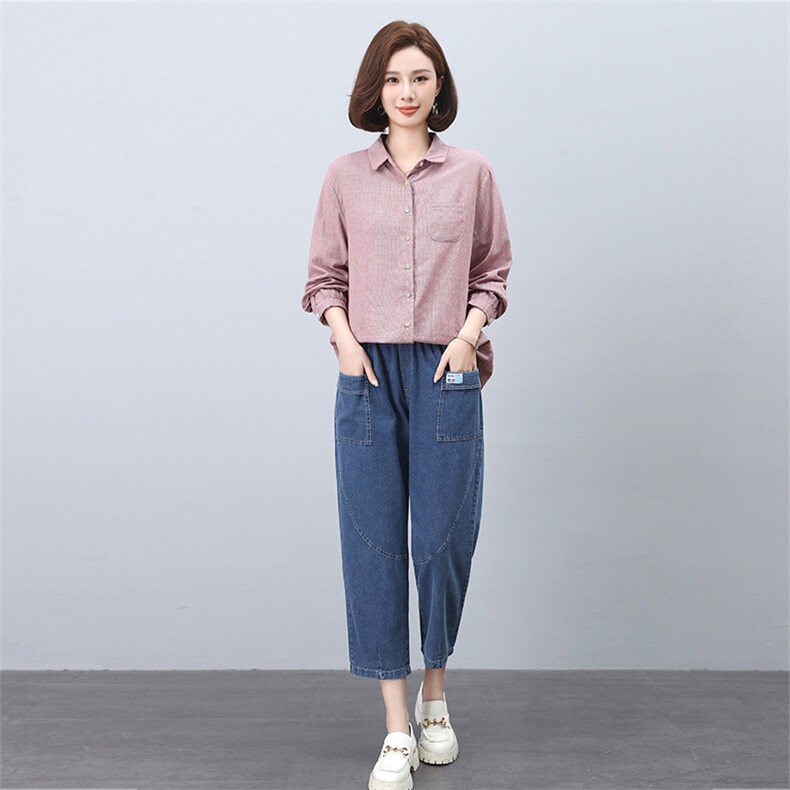 时尚休闲女装套装粉色衬衫搭配牛仔裤显瘦百搭两件套,女装套装/套裙,叶笙衣