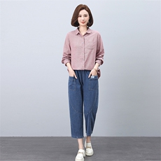 时尚休闲女装套装粉色衬衫搭配牛仔裤显瘦百搭两件套，女装套装/套裙，叶笙衣
