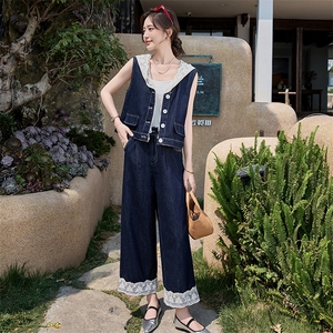 蕾丝拼接牛仔马甲直筒阔腿裤套装两件套女夏季盐系甜美减龄设计感图片