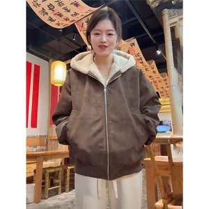 现货足美式宽松荔枝纹PU皮连帽座山雕加厚保暖棉服M011特P80