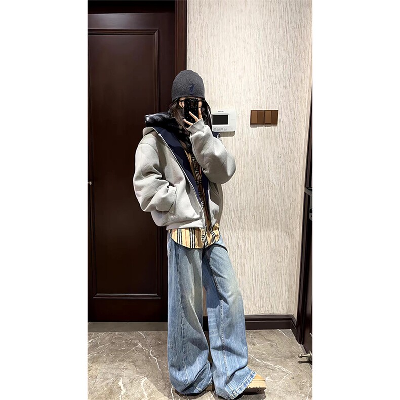 重磅高品质硬挺boxy26春装美式高街结构撞色拼接连帽卫衣开衫外套,女装短外套,电商A486