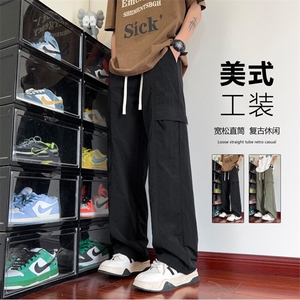 夏季薄款工装休闲裤男潮牌宽松大码阔腿直筒裤凉感冰丝速干长裤子图片