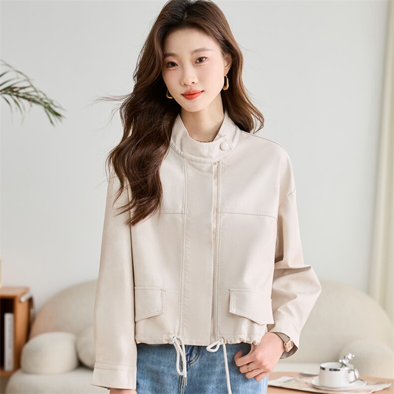 薄款水洗皮立领常规复古港风皮衣女装宽松美式痞帅，女装皮衣，莜菲儿