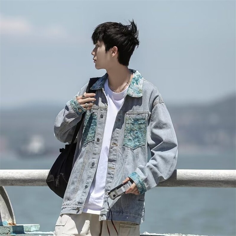 春秋拼接印花牛仔外套男复古宽松休闲潮流青少年夹克上衣3260P58,男装工装外套,星座410-2