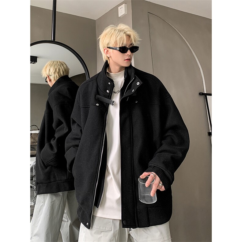 短款立领毛呢外套男秋冬季加厚棉服高级感痞帅青少年潮牌棉衣夹克,男装夹克,电商A102B