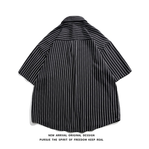 C8036/P35新款夏季条纹冰丝套头衬衫男短袖衬衣宽松休闲大码上衣图片