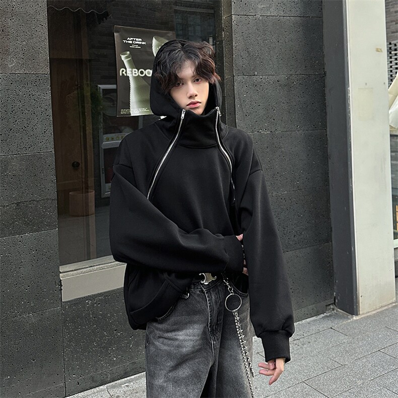 得物秋冬设计新款男士高街酷帅多拉链连帽卫衣常规p65加绒p75，男装卫衣，电商B319