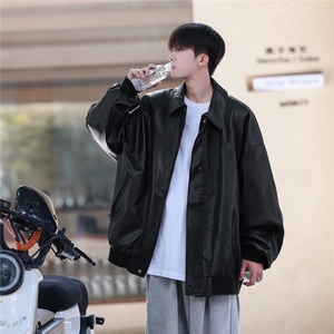 高级感轻奢PU皮外套男春秋季潮流美式复古机车风宽松潮牌皮衣夹克图片