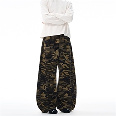 2025秋冬美式高街拖地复古阔腿迷彩休闲裤女慵懒宽松直筒长裤子潮，男装休闲裤，星座301D-3