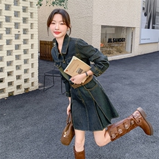 （有货）2026春装新复古色牛仔连衣短裙（配腰带）1D060-165-258，女装连衣裙，1D060