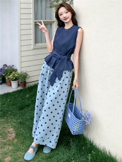 松弛感时尚洋气套装女夏季新款圆领无袖收腰上衣波点阔腿裤两件套，女装套装/套裙，江南