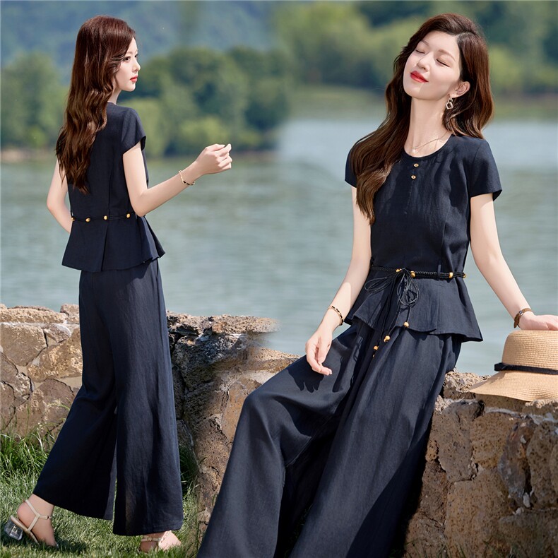 藏青色高级感时尚套装女2025夏季新款慵懒松弛感气质阔腿裤两件套，女装套装/套裙，欣品汇