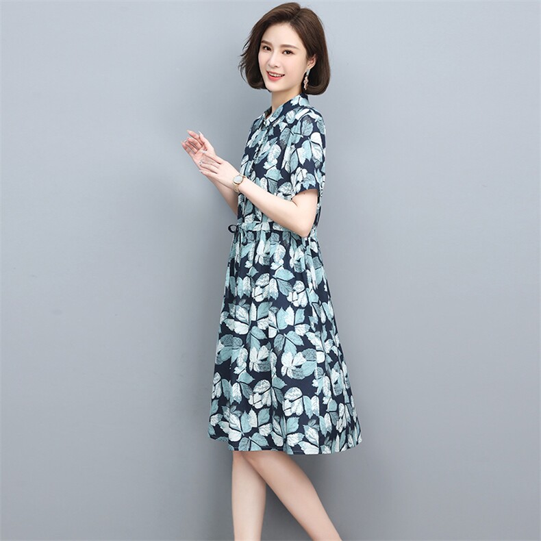 2022夏季舒适优雅气质新款印花收腰显瘦休闲连衣裙,女装连衣裙,忆绮罗
