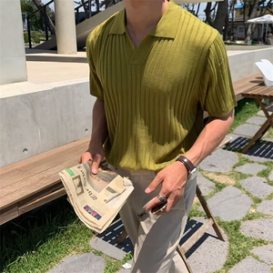 短袖polo衫冰丝夏新中式纯色亨利领商务休闲小V领男士T恤图片