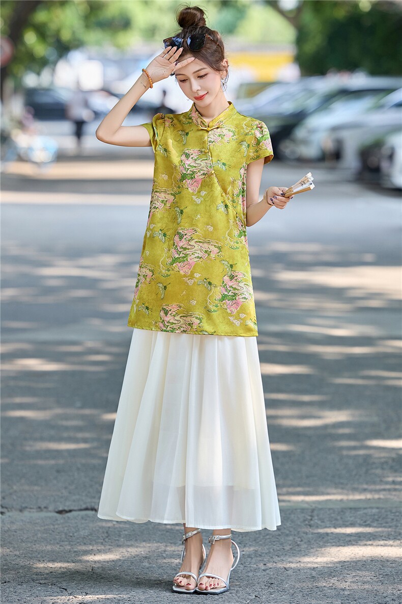 新中式国风优雅气质套装女2025夏季斜襟改良旗袍上衣阔腿裤两件套,女装套装/套裙,伊仟回