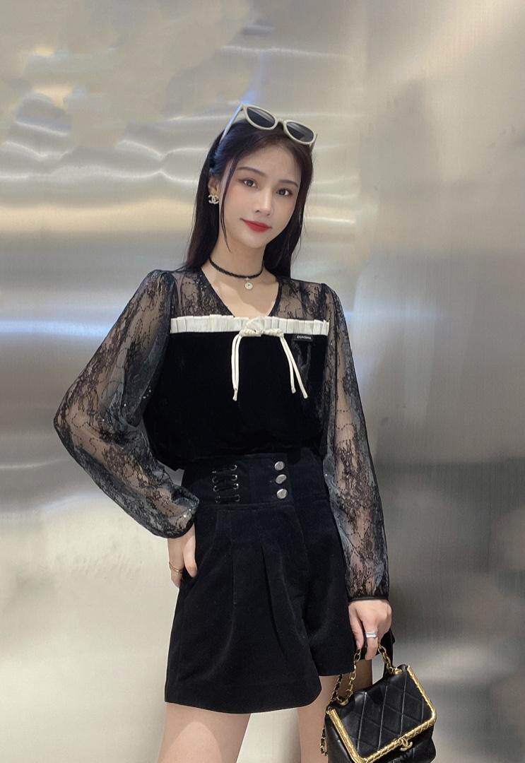 【现货】高品质金丝绒蕾丝拼接上衣，其它，色调轩