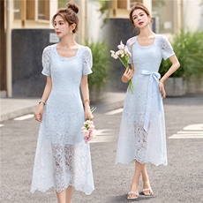 2025夏季新款蕾丝收腰淑女中长款连衣裙，女装连衣裙，贵人树