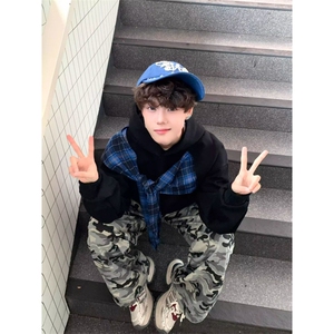 美式复古蝴蝶结格子拼接连帽卫衣男女春秋薄款宽松潮牌小众外套图片