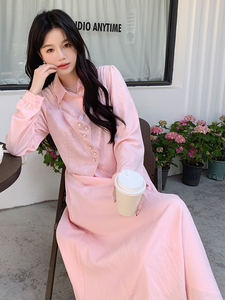 粉色马甲拼接假两件连衣裙女2025春季新款法式温柔风小个子衬衫裙图片