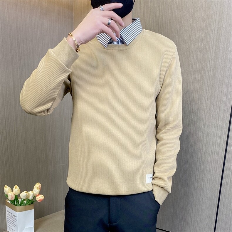 W3161-P78控108社会小伙假两件卫衣男春秋季修身潮流百搭衬衫领,男装衬衫,电商D310B-1