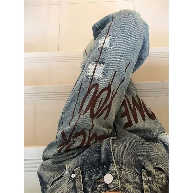 美式休闲痞帅复古破洞牛仔裤男直筒宽松高街直筒裤子L10911-P40,男装牛仔裤,星座1008