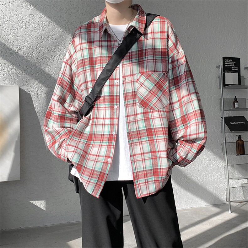 衬衫男春季新款港风宽松大码磨毛格子休闲长袖衬衣CS602-特P28，男装衬衫，星座214-3