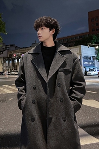 外景秋冬重磅情侣宽松中长款毛呢大衣男厚款风衣外套MN9538/P100图片