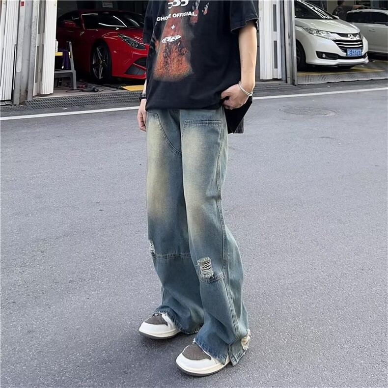 美式复古垂坠感破洞牛仔裤男嘻哈宽松直筒毛边拖地长裤潮牌,男装牛仔裤,星座716-2