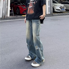 美式复古垂坠感破洞牛仔裤男嘻哈宽松直筒毛边拖地长裤潮牌，男装牛仔裤，星座716-2