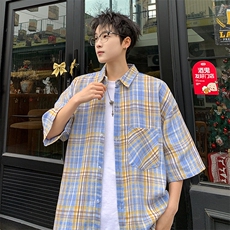 短袖衬衫男夏季新款磨毛格子衬衣DX716-特批26无差价，男装衬衫，星座214-3