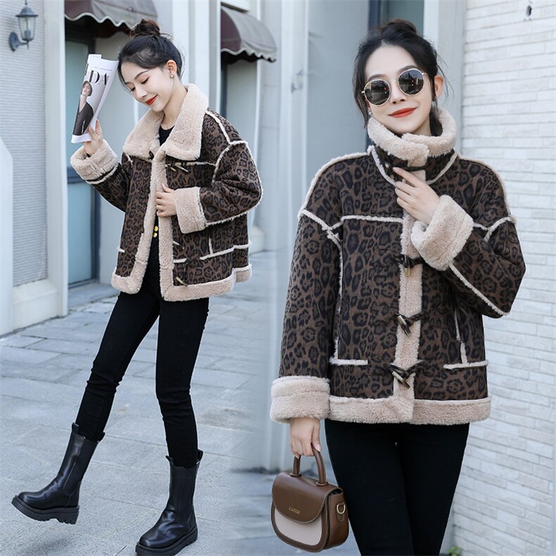 现货2024冬装新款豹纹仿真皮毛一体中长款保暖时尚皮草外套，女装羊羔毛/颗粒绒，仟媚宠