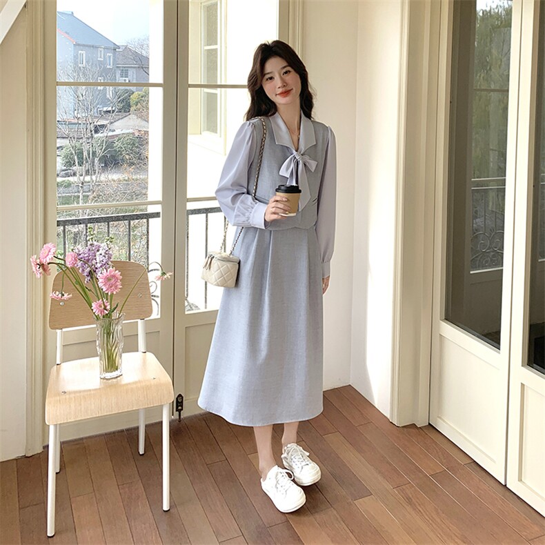 2025年春季新款蓝色假两件连衣裙203P145K248,女装连衣裙,浪娴服饰