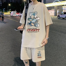！2024夏季新款男士潮流青少年短袖套装华夫格半袖HTZ21P50，男装T恤，电商B220