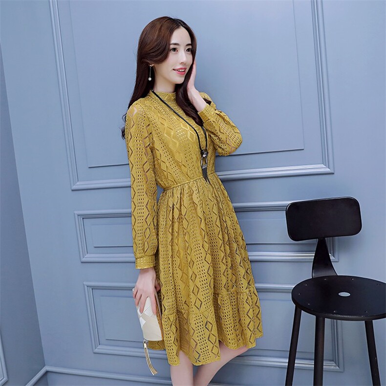 中长款显瘦修身长袖立领连衣裙甜美简约百搭2021年春季,女装连衣裙,艾尚靓装