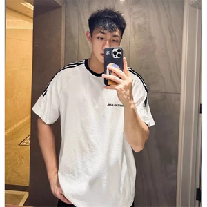 夏季美式高街重磅纯棉三条杠织带撞色男女短袖T恤ZD627-特P30图片