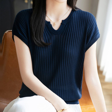 2025年新款春夏短袖女修身显瘦U领针织t恤背心外穿上衣，女装T恤，晨旭羊绒