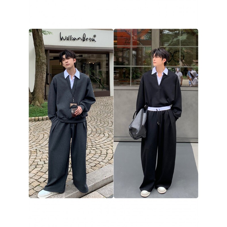 秋季新款男士时尚韩系ins高级时尚简约潮流假两件条纹衬衫领套装,男装衬衫,四季星座505