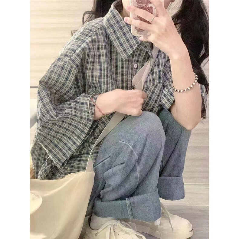 夏季2025新款复古藏青色格子衬衫短袖女宽松显瘦衬衣外穿休闲上衣,男装衬衫,星座1210-1