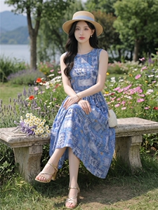 蓝色印花无袖宽松版时尚学院风连衣裙图片
