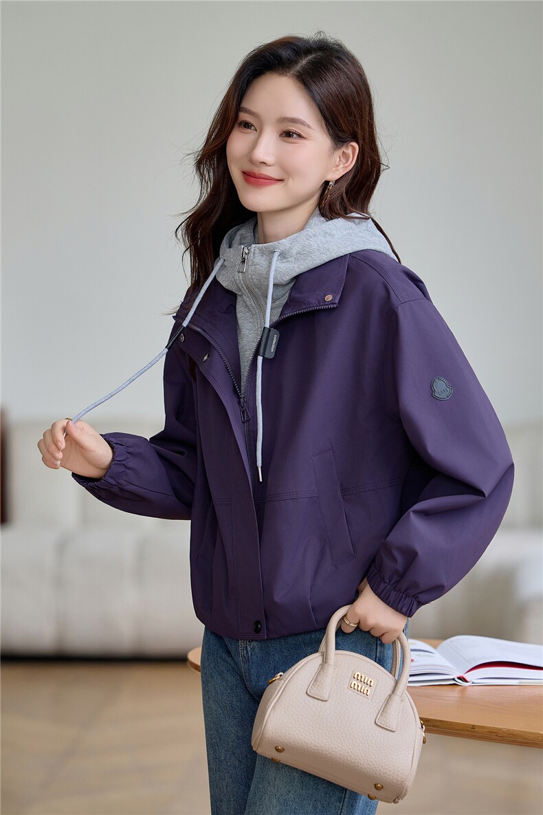现货纯色连帽拼接外套女,女装短外套,韩派